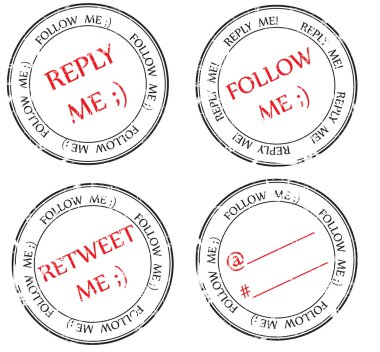 Set of stamps to Twitter: follow, reply, retweet clipart