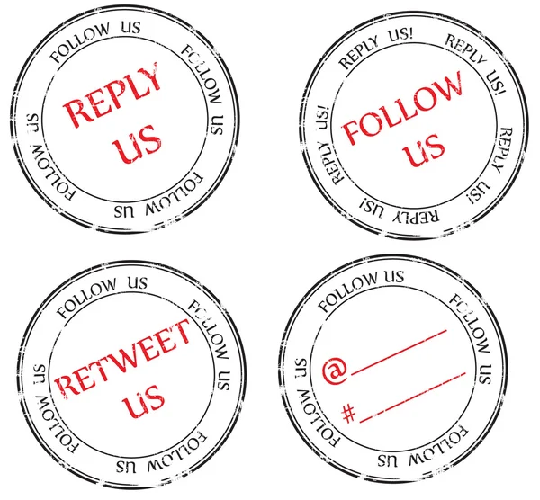 Conjunto de selos no Twitter: siga, responda, retweet — Vetor de Stock