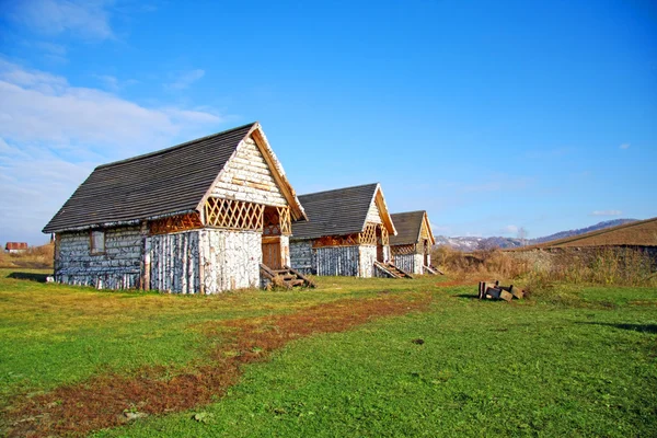 Три березовых домика на зеленом лугу — стоковое фото