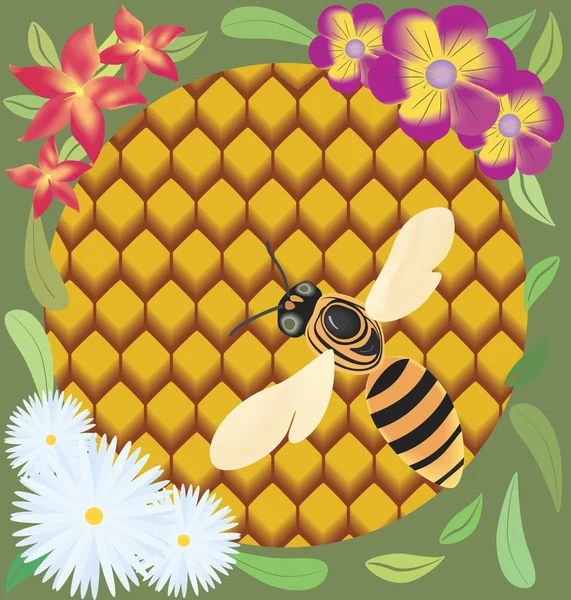 关于被鲜花包围的蜂窝蜜蜂的光栅插图 — 图库照片