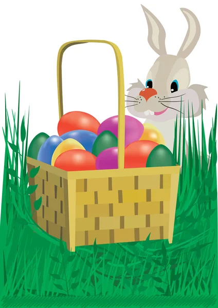 Uova Pasqua Nel Cesto Nell Erba Con Coniglio Illustrazione Raster — Foto Stock