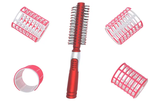 Hair curlers and hairbrush. — Stock Photo, Image