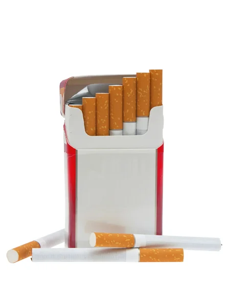 stock image Open pack of cigarettes and a cigarette on a white background.