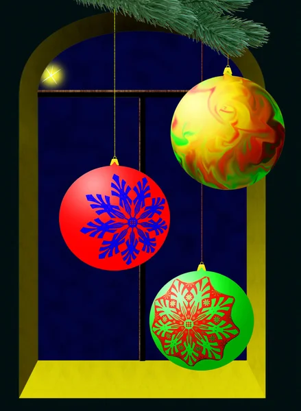 Raster Image Christmas Spheres Window — Stock Photo, Image