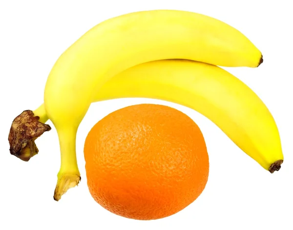 stock image Two bananas and orange isolated on white background