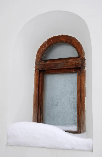 Frosty Woden Window Old White Orthodox Chapel — Stock Photo, Image