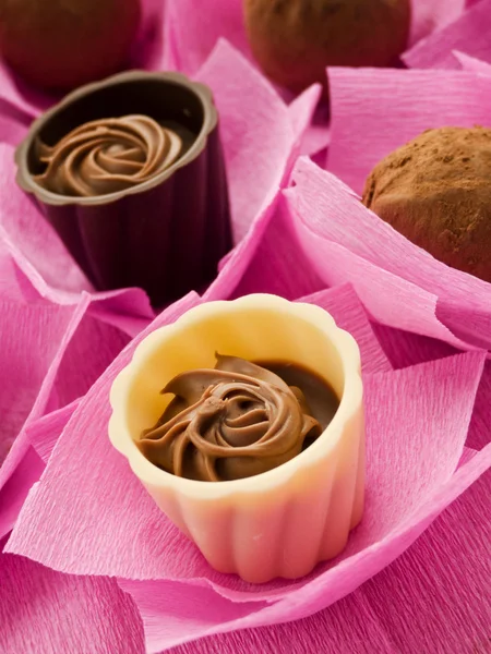 Σοκολάτα Τρούφες Και Σοκολατάκια Για Ημέρα Του Αγίου Βαλεντίνου Ρηχά — Φωτογραφία Αρχείου