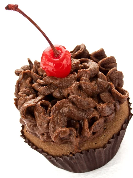 Choklad Cupcake Med Smör Grädde Och Körsbär Grunt Dof — Stockfoto