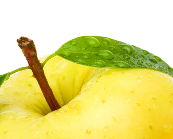 Fresh yellow apple with leaf. Isolated on white background. — Stock Photo, Image