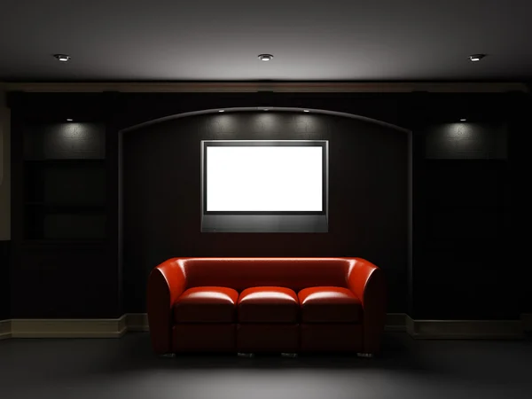 Rood leer divan en boekenkast met lcd tv in donkere kamer — Stockfoto