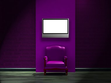 Alone purple chair with LCD tv on the wall in minimalist interior clipart