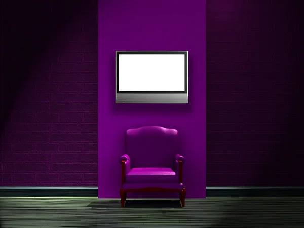 Один Фиолетовый Стул Телевизором Стене Минималистском Интерьере — стоковое фото