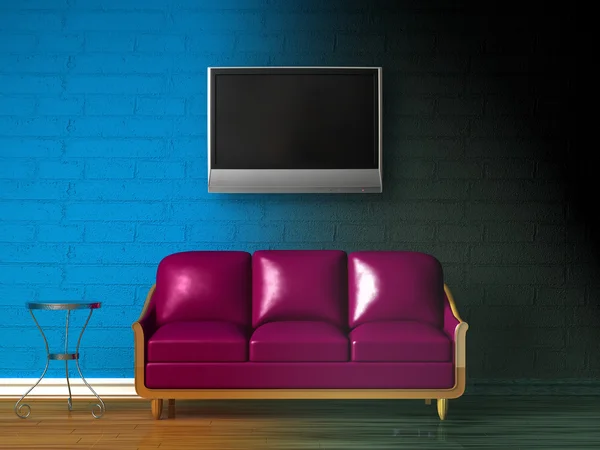 Sofá Púrpura Mesa Lcd Lámpara Estándar Interior Minimalista Doble Color —  Fotos de Stock