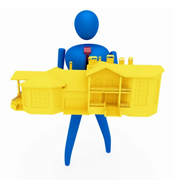 3D person, der holder et gult hus isoleret over en hvid backgroun - Stock-foto