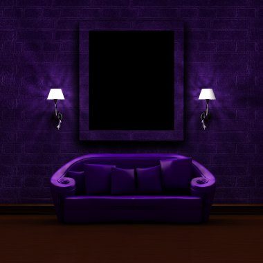 Purple couch, frame and sconces in dark minimalist interior clipart