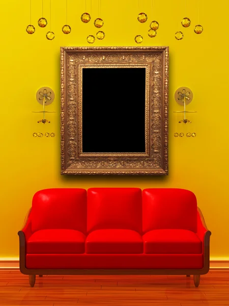 Sofá vermelho com moldura vazia e arandelas em interior minimalista — Fotografia de Stock