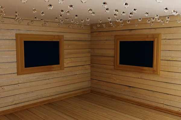 Canto de madeira na sala vazia com molduras — Fotografia de Stock