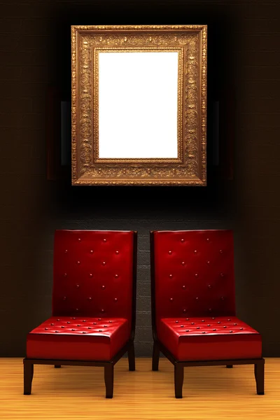 Two red chairs with empty frame in minimalist interior — Stock Photo, Image