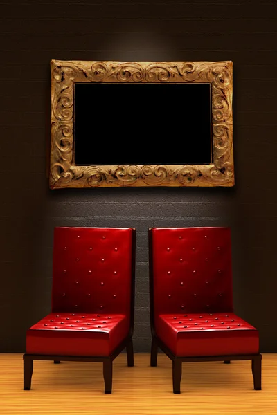 Duas cadeiras vermelhas com moldura vazia — Fotografia de Stock