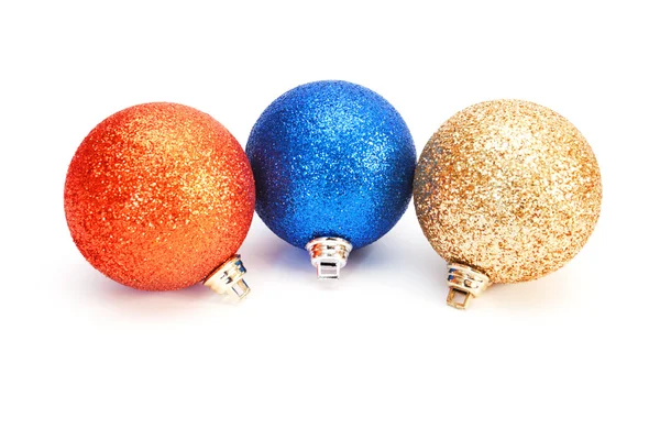 Três Bolas Natal Laranja Azul Ang Ouro Cores — Fotografia de Stock