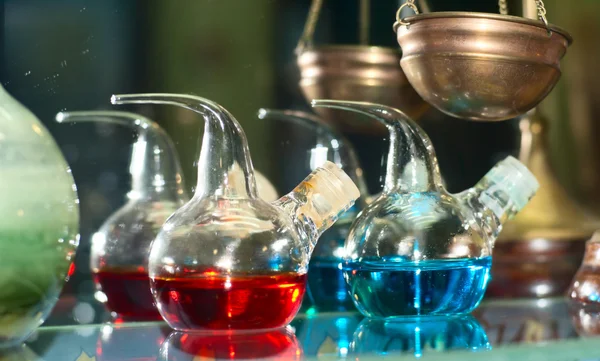 stock image Chemical flasks with reagents in laboratory