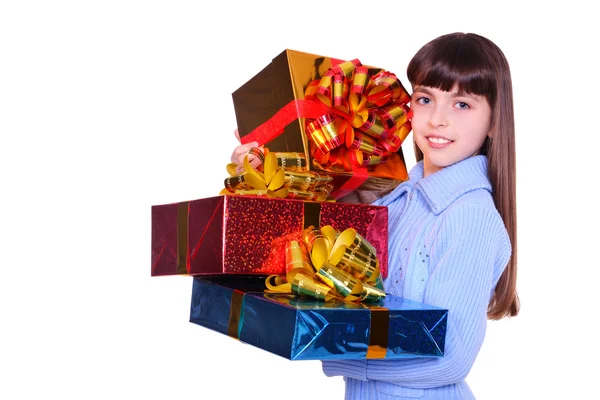 Mooi Lachende Meisje Met Een Cadeau Geïsoleerd Wit — Stockfoto