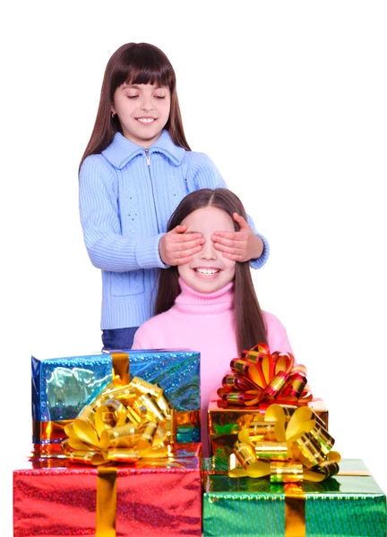 Two Little Girls Gift Boxes Isolated White — Stock Photo, Image