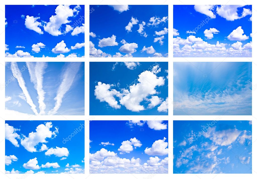 Collage made of many white fluffy clouds