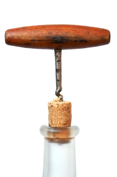 Corkscrew, cork and bottle — Stock Photo, Image