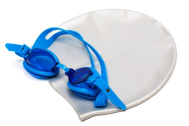 Glasses and cap for swimming on a white background clipart