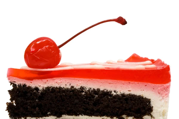 Torta Chocolate Com Uma Cereja Fundo Branco — Fotografia de Stock