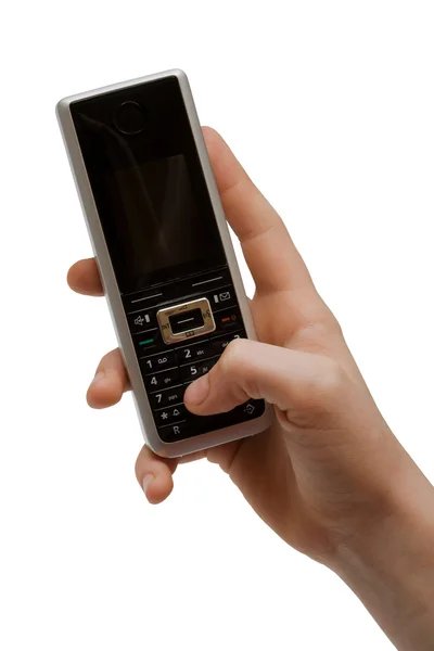 Telefon Rękę Białym Tle — Zdjęcie stockowe