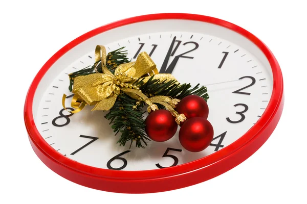Decoración Del Árbol Navidad Con Esferas Rojas Sobre Fondo Reloj — Foto de Stock