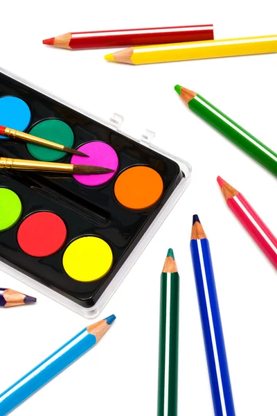 Paints Color Pencils White Background — Stock Photo, Image