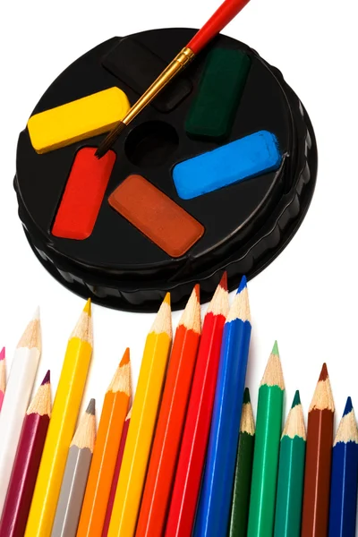 Paints Color Pencils White Background — Stock Photo, Image