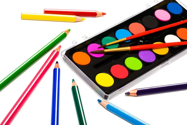 Tintas e lápis de cor — Fotografia de Stock