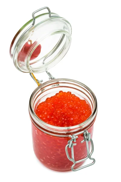 Caviar vermelho em lata de vidro — Fotografia de Stock