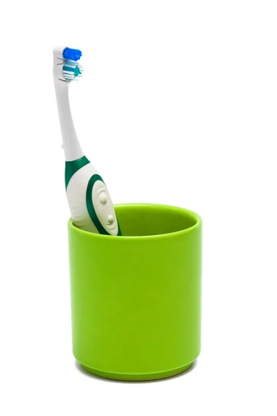 Toothbrush Green Glass White Background — Stock Photo, Image