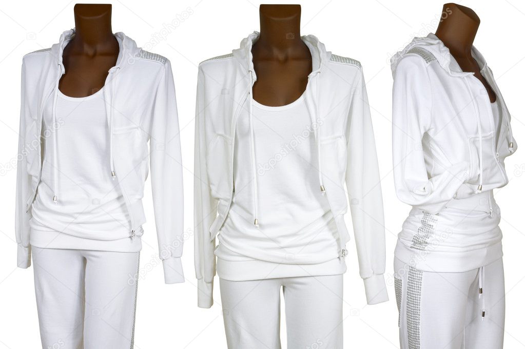 Female white tracksuit on a white background