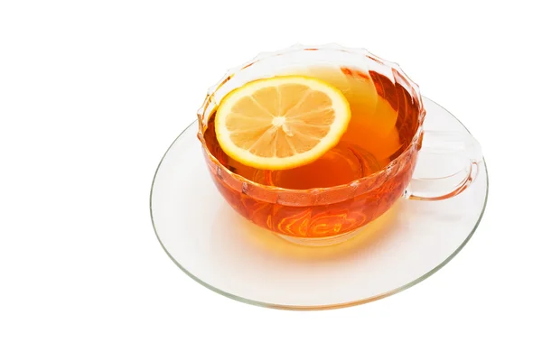 Copo Vidro Com Chá Limão Fundo Branco — Fotografia de Stock