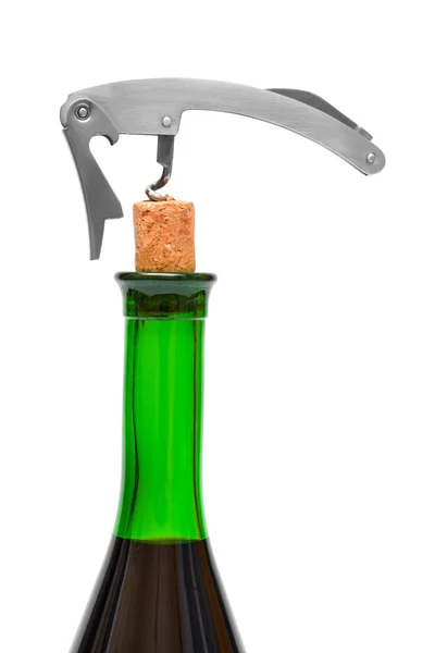Corkscrew Cork Bottle White Background — Stock Photo, Image