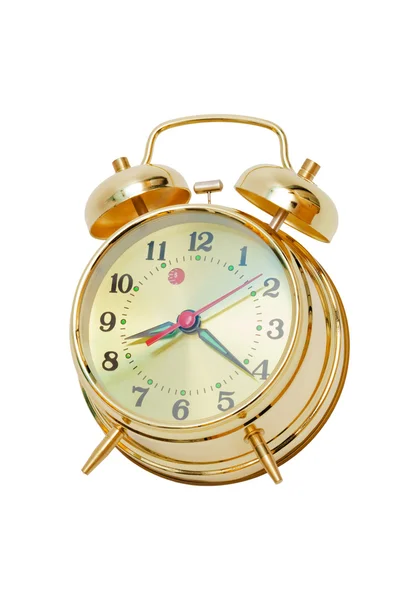 Relógio Alarme Ouro Bonito Fundo Branco — Fotografia de Stock