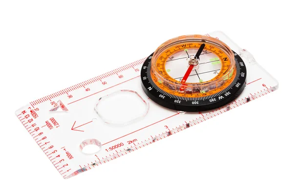 指南针与白色背景上的透明标尺 — 图库照片