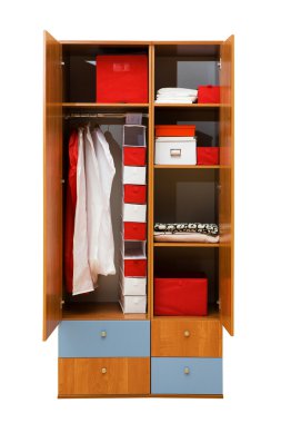 modern wardrobe with clothes on a white background clipart