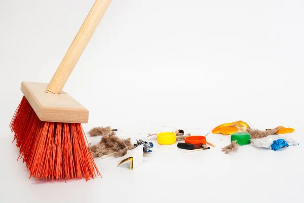 Cleaning Modern Red Mop Mixed Trash — Stock Photo, Image