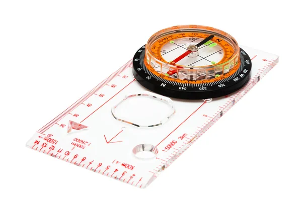 Kompass Mit Transparentem Lineal Auf Weißem Hintergrund — Stockfoto