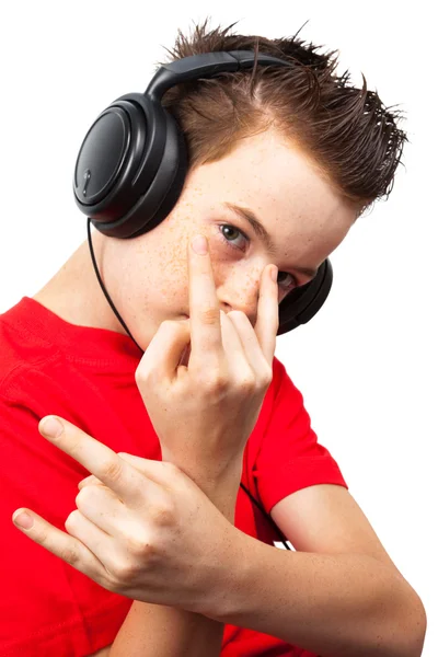 Αγόρι Φακίδα Και Ακουστικά Λευκό Φόντο — Φωτογραφία Αρχείου