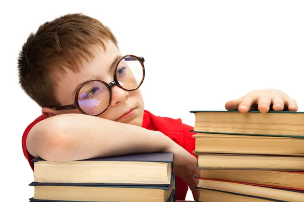 Αγόρι Γυαλιά Και Βιβλία Άσπρο Φόντο — Φωτογραφία Αρχείου