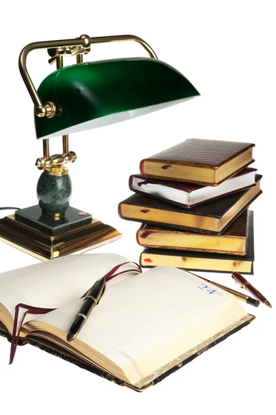 Ручки Книги Лампа Білому Тлі — стокове фото