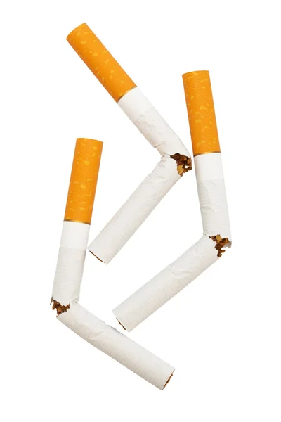 Három Sérült Cigarettát Egy Fehér Háttér — Stock Fotó